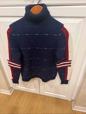Alp N Rock Navy Turtleneck Sweater with Red & Cream Sleeve Stripes
